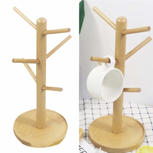 OUNONA Wooden Glass Holder, Cup Stand, Drainer, Kitchen, Bathroom, Mug Tree, Mug Rack, Cup Storage Stand, Stylish Kitchen Storage with 6 Hooks