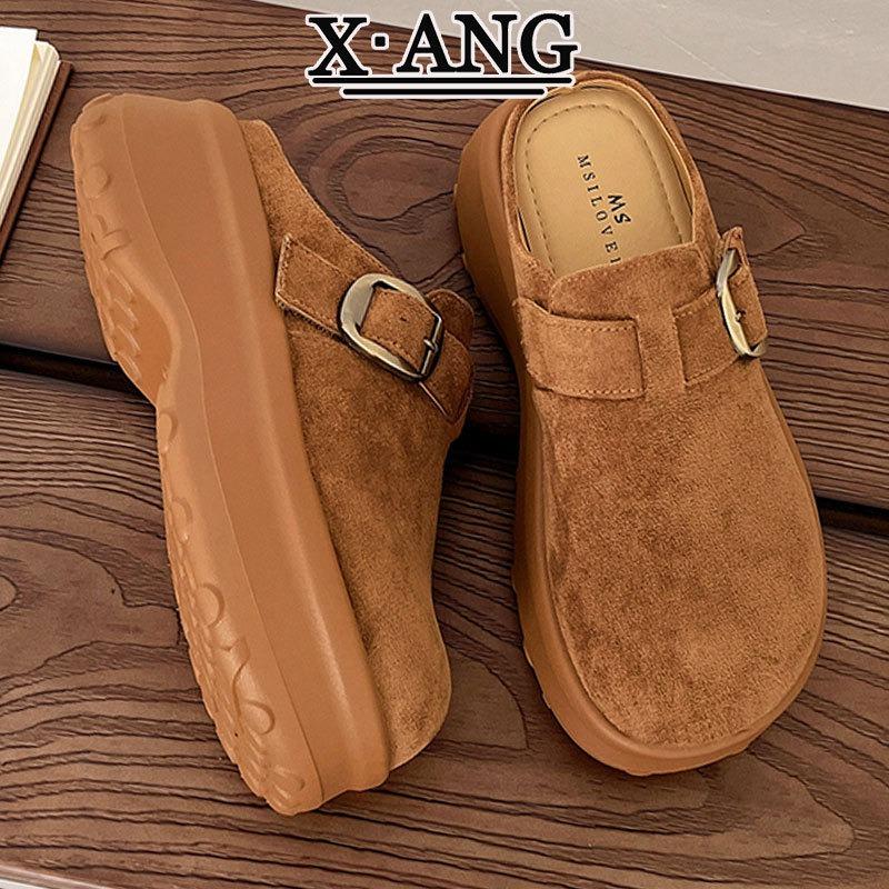 Cowhide version thick-soled heightened bag head half slippers women wear autumn new one-pedal single shoes