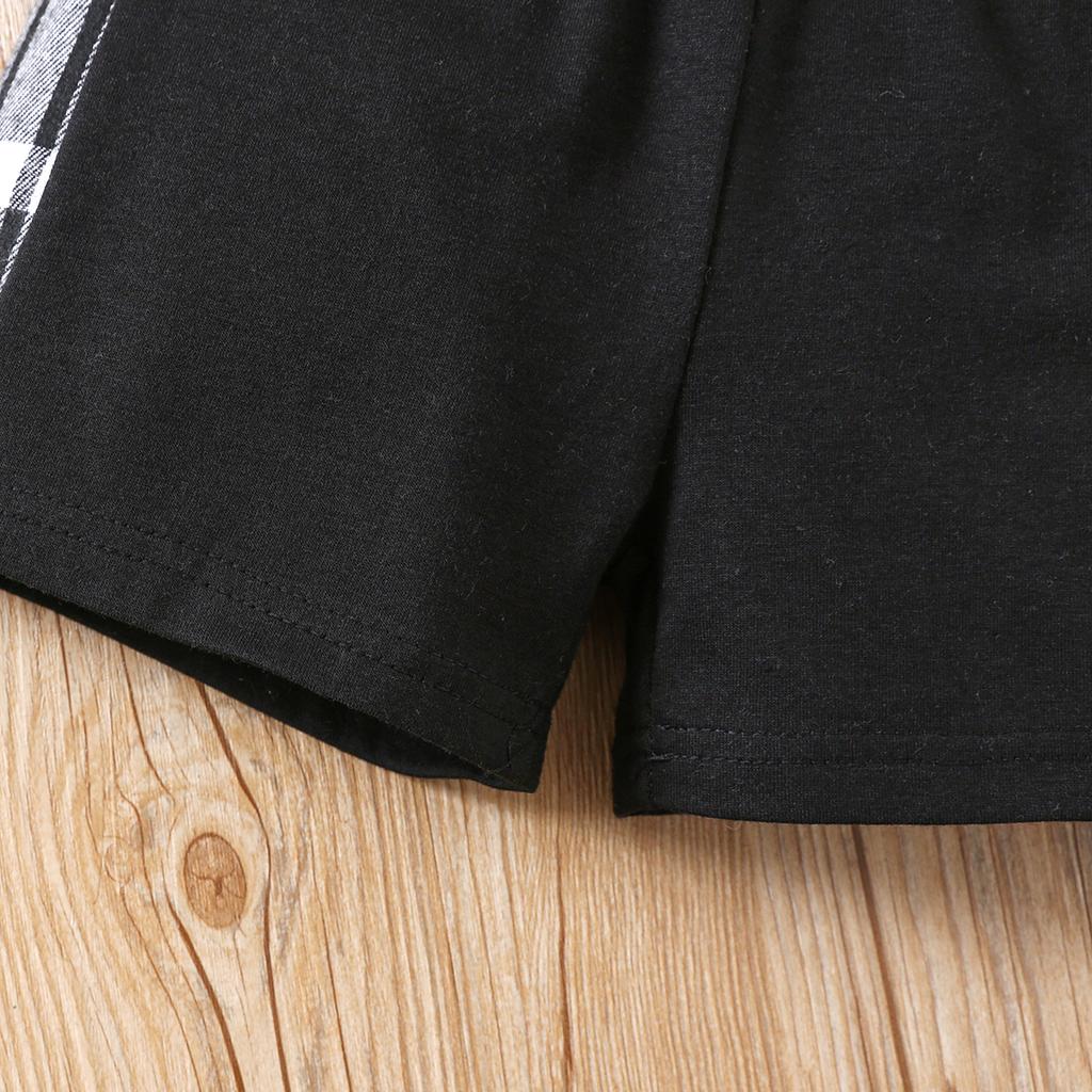 Boys Summer Outfit Letter Print Plaid Patch Round Neck T Shirt Shorts Two Piece Set Casual Style