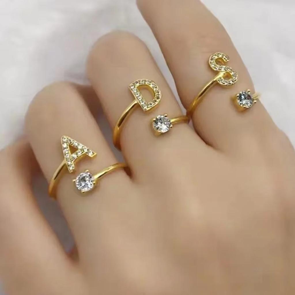 CARLIDANA Women Adjustable Zircon A - Z Letters Initial Name Stackable Letter Open Rings Stainless Steel Adjustable Ring