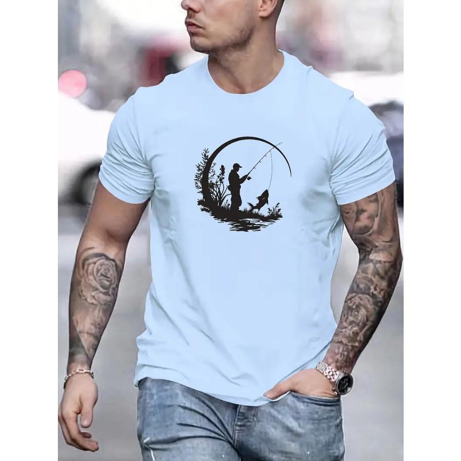 Pánské grafické rybářské tričko - 100% polyesterové základní tričko s kulatým výstřihem, mírně pružné, jednobarevné, letní ležérní top z pleteniny
