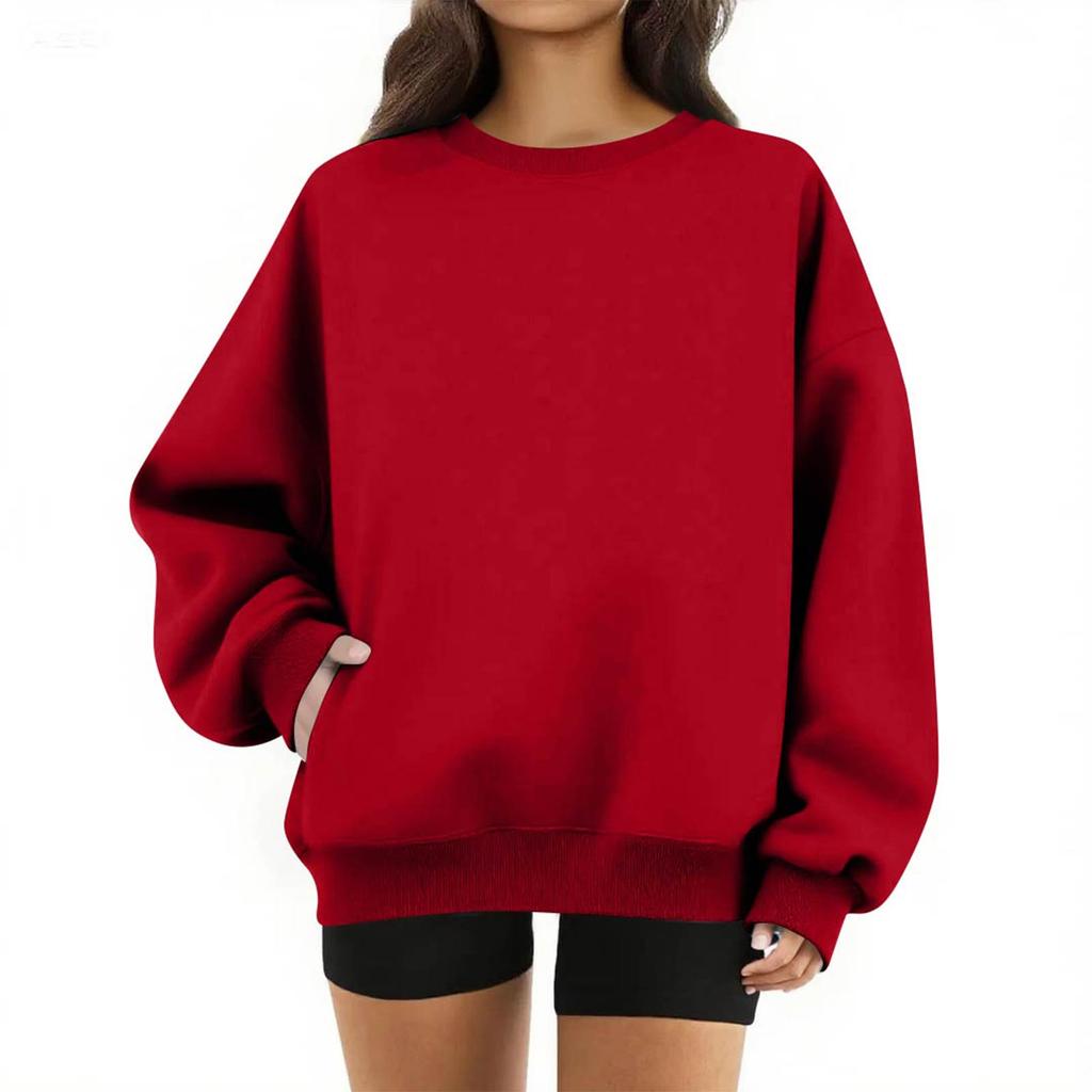 Women's Round Neck Tops Cotton Women's Casual Fashion Long Sleeve With Pocketed O-Neck Pullover Top Blouse