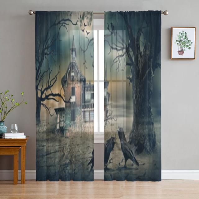 Gothic Vintage House Sheer Voile Curtains for Living Room Bedroom Kitchen Horror Theme Mysterious Landscape Tulle Window Curtain