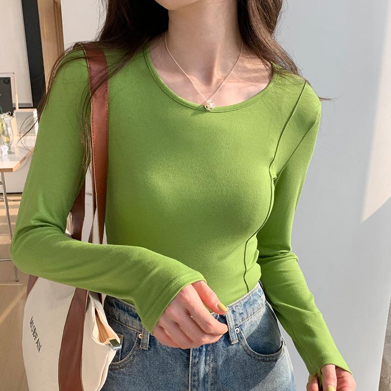 

Европейская однотонная облегающая футболка с длинным рукавом женская короткая с высокой талией с низким круглым вырезом базовая рубашка на весну и осень с топом-корсетом XL