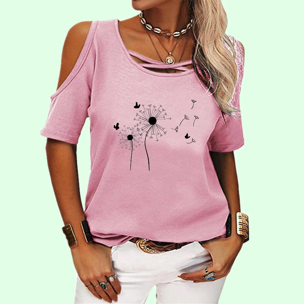 Damenmode Rundhals Kurzarm T-Shirt Damen Schulterfreies Oberteil Sommer Lässig Geblümtes T-Shirt