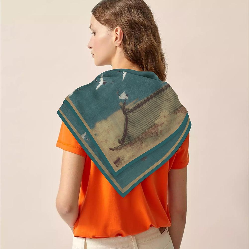 New Silk Scarf Women Pheasant Print Square Scarves Head Echarpes Silk Foulards Femme Wraps Beach Shawls Bandana Lady Hijabs 90CM