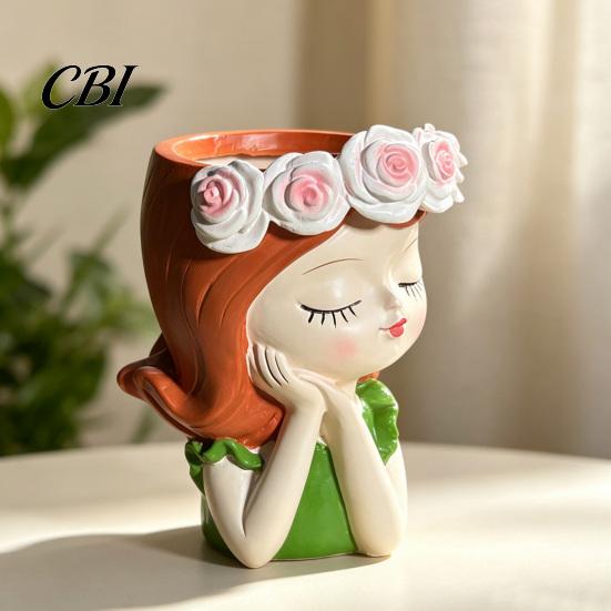 Succulents Planter Pot Cute Girl Resin Planter, Head with Rose Garland, Plant Container Decorative for Cactus Indoor Desk Decor Whimsical Home