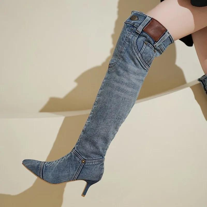 High Boots Vintage Denim Boots for Women with Slim Heels Pointed Toe Long Boots Womens Shoes Jean Shoes for Women