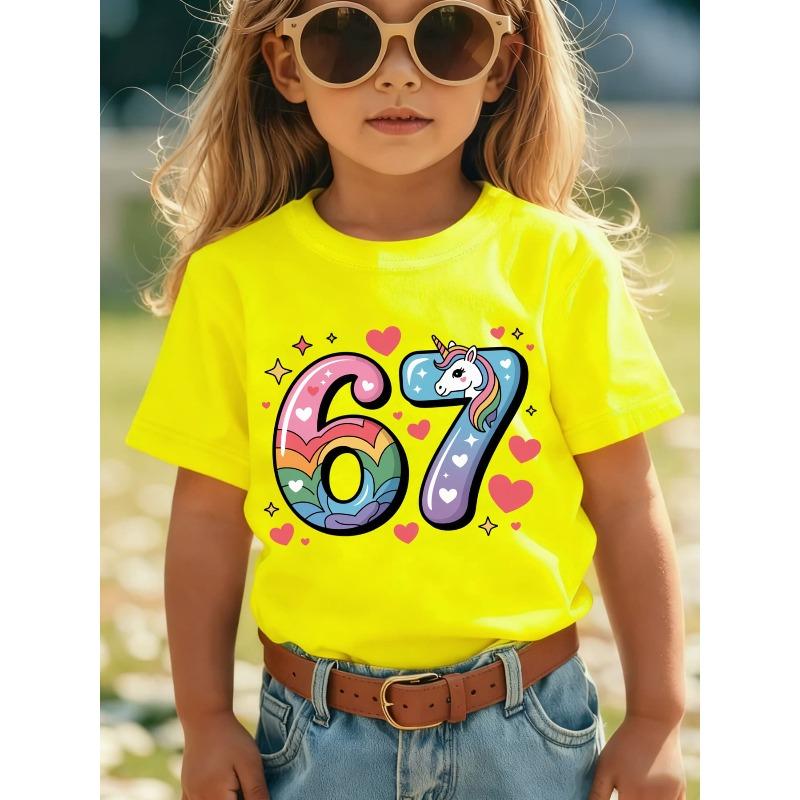 European Size Girls Round-neck Short-sleeved T-shirt with Colorful Creative Number 67 Pattern Print