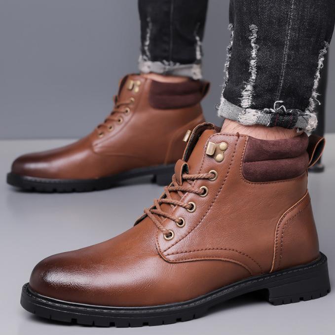 

Fashion High Quality Men s Ankle Boots Luxury Genuine Leather Boots British Style High-top Oxford Boot Lace-up Motorcycle Boot Men Boots 38 коричневый