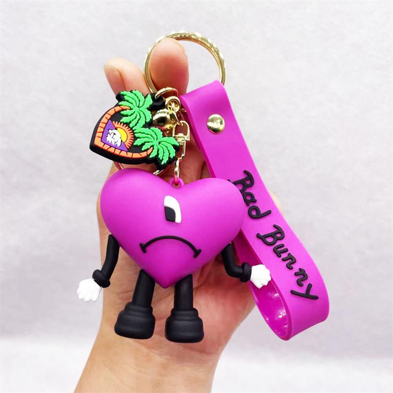 Mode 3D Niedlich Bad Bunny Herz Schlüsselanhänger Schlüsselring Für Frauen Männer Gummi Auto Schlüsselanhänger Schlüsselanhänger Anhänger Tasche Anhänger Zubehör