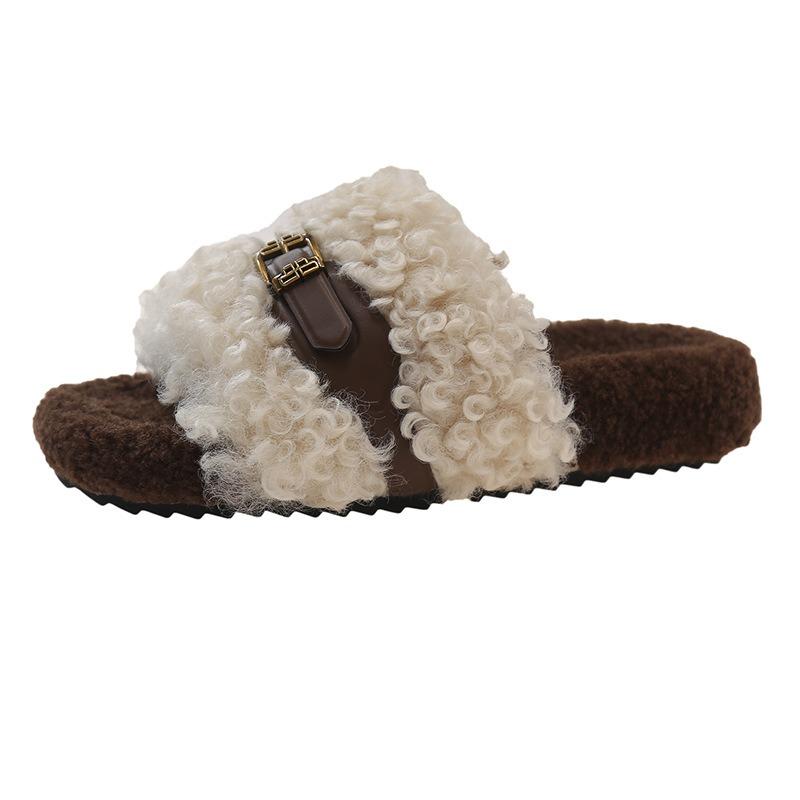 Moda 2025 Zapatos de Deslizamiento de Piel de Cordero de Lujo para Mujer Suela Gruesa Cinturón con Hebilla Zapatilla de Felpa Sandalias Mula con Plataforma de Pelo Rizado Teddy para Mujer Invierno