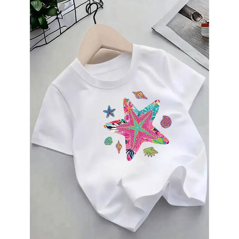 

Европейские размеры Детская футболка с коротким рукавом Летняя Новинка Мультяшный узор Звезда Морская звезда Ракушка Милая - Одежда для девочек с коротким рукавом 98cm белый