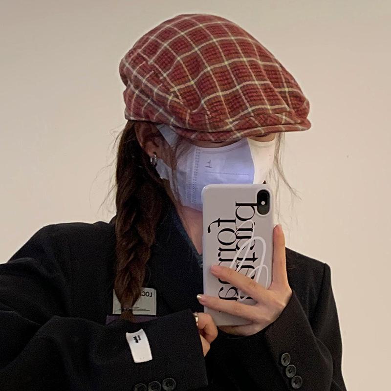 

Клетчатая Японская Ретро Прогрессивная Шляпа Женская Весна и Осень Корейский Стиль Все Подходит Перевернутый Берет Большой Обхват Головы Шляпа Гаврош Тренд M（56-58cm）