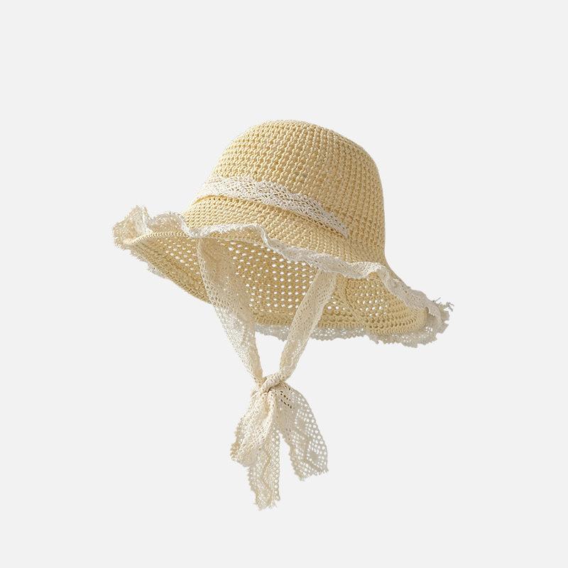 

1Pcs Summer Women s Lace Straw Beach Hat Foldable Sun Hat With Wide Brim Fresh Stylish Sunblock Shade Hat Mountaineering Hat one size бежевий