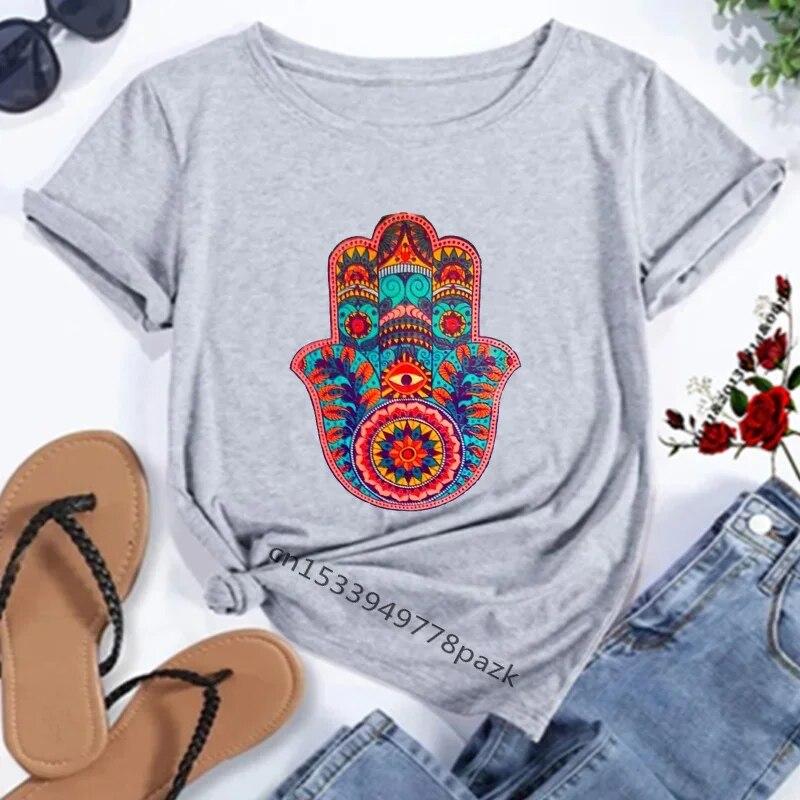 Hamasa Hand of Fatima Tryck WoUnisex T-shirts Lyckobringande Hamsa Hand Harajuku Unisex T-shirts Sommar Kort Ärm Svart Topp T-shirts FeUnisex Unisex