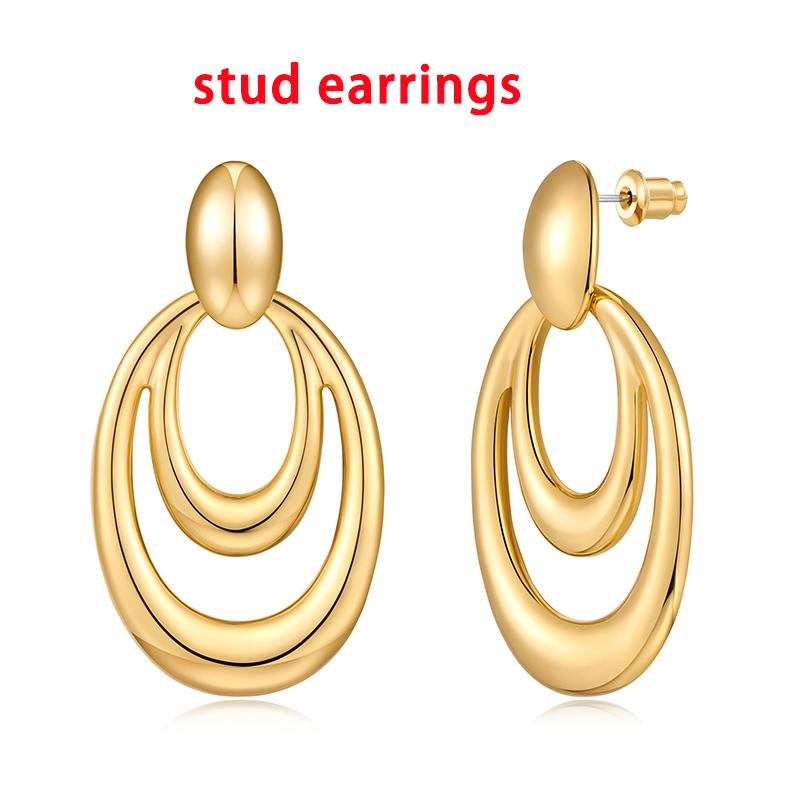 Retro Double Layered Circle Ear Clips for Teen Women Thick Geometric Drop Earrings Tarnish Resistant Statement Party Jewelry