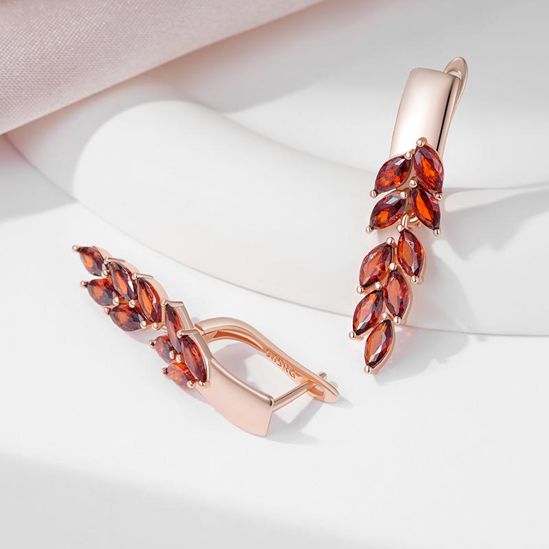Brincos Pendentes de Folha com Zircônia Vermelha Cor Ouro Rosa Gancho Britânico Brincos de Luxo Para Mulheres Presente