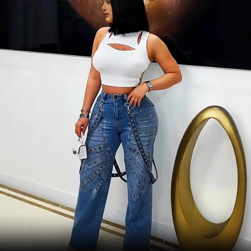2026 New Fashion High-Waisted Jeans with Metal Studs Casual Women's Trousers