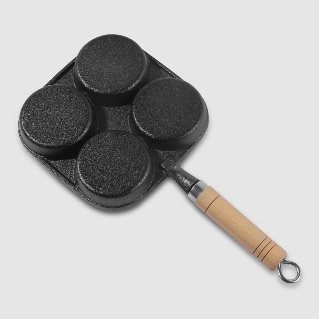 Telssida Cast Iron Four-Hole Egg Pan, Burger Mold, Breakfast Pan, Non-Coated Egg Waffle Pan, Mini Flat Non-Stick Pan