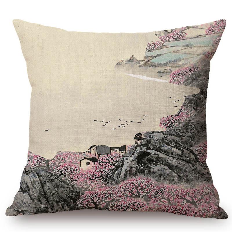 Traditional Chinese Ink Oil Painting Mountain Scenery Cotton Linen Sofa Throw Pillow Case Home Decoration Car Cushion Cover Case