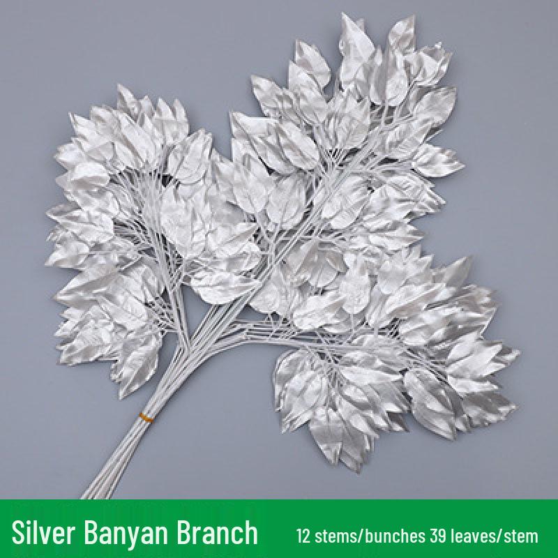 Gold & Silver Banyan and Ginkgo Leaves Fake Tree Branches for Wedding Decoration - Yellow Maple Leaves