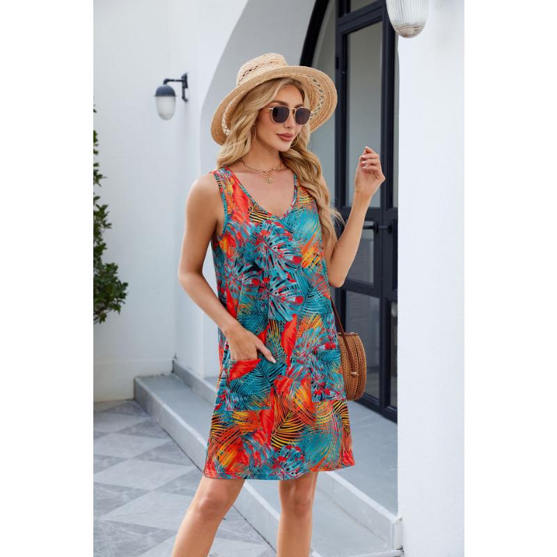Women's Spring Summer Tropical Print Sleeveless Tank Dress Casual Loose V-Neck Beach Cover Up Dress