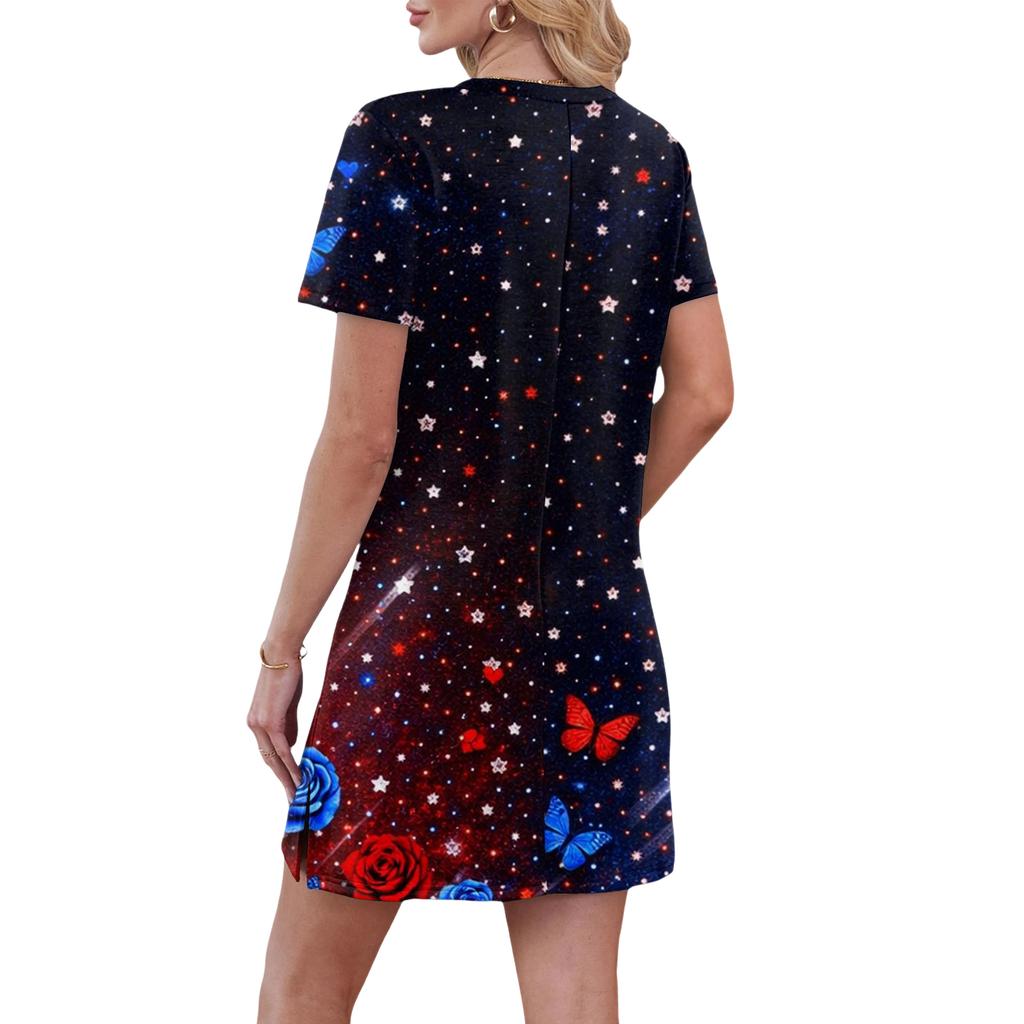 Women's Casual V-neck Short Sleeve Split Hem Independence Day Printed Dress
