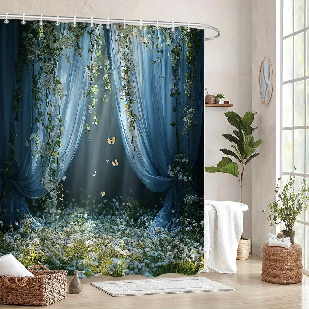 

1pc Serene Garden Shower Curtain with Blue Drapes & Butterflies - Sunlit Path Design, Tranquil Fairy-Tale Bathroom Decor, Machin W90xH180cm