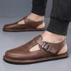 Men Flats Summer Roman Sandals Retro Brown Leather Closed Toe Beach Shoes Large Size
