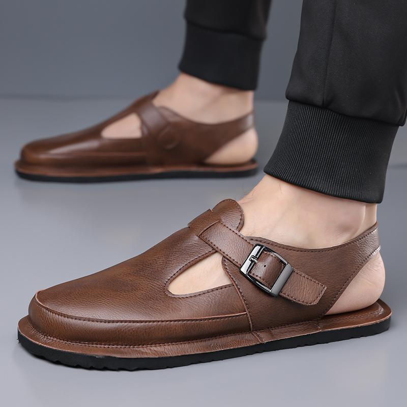Men Flats Summer Roman Sandals Retro Brown Leather Closed Toe Beach Shoes Large Size