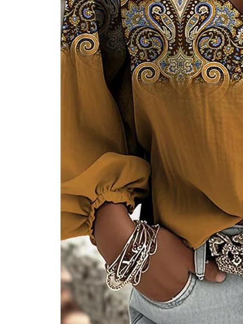 Printed retro western-style shirt, V-neck women's long-sleeved top, Bohemian-style fringed sleeve design, suitable for casual wear and vacation