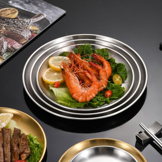 Stainless Steel Dinner Plates Round Salad Serving Plate Easy To Clean Pizza Fruit Bowl for Home Kitchen Outdoor Camping BBQ