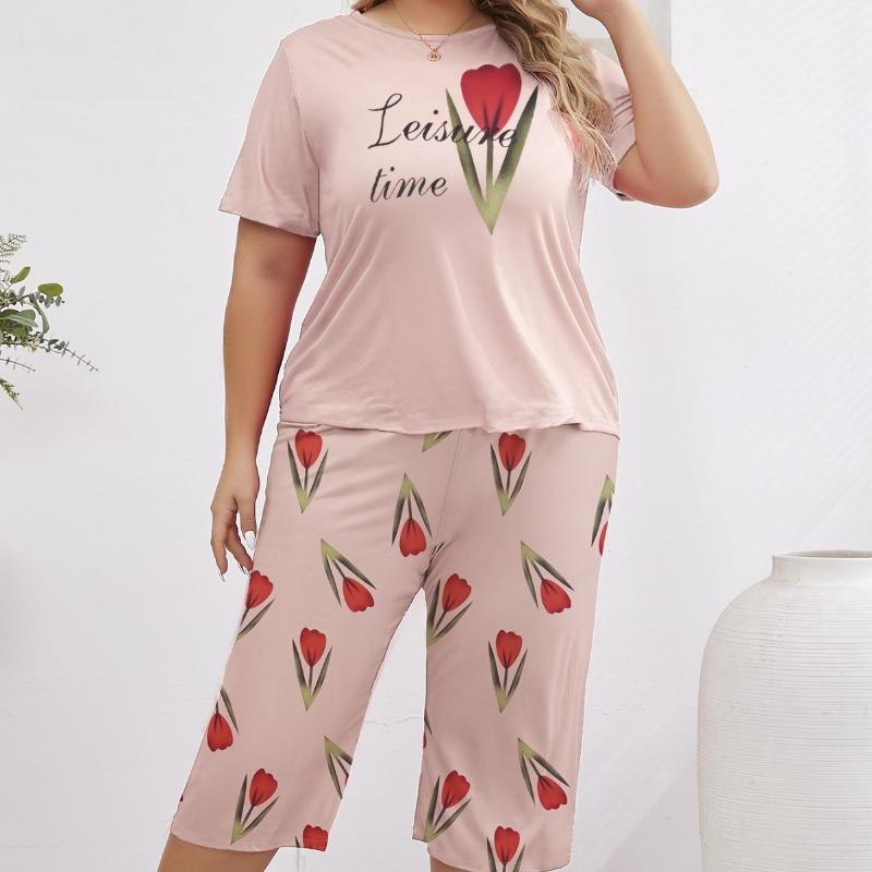 Women's Pajamas Rose Print Loose Comfortable Short Sleeve Capri Pants Home Wear Two Sets