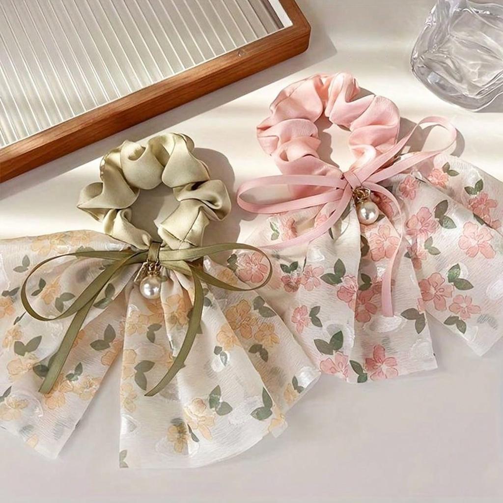 1pc Floral Bead Streamer Bowknot Hair Ties, High Ponytail Pill Hair Accessories, Holiday Gift