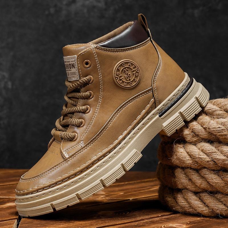 Men's High-top British Style Vintage Genuine Leather Casual Leather Shoes, Mid-top Waterproof Work Boots.