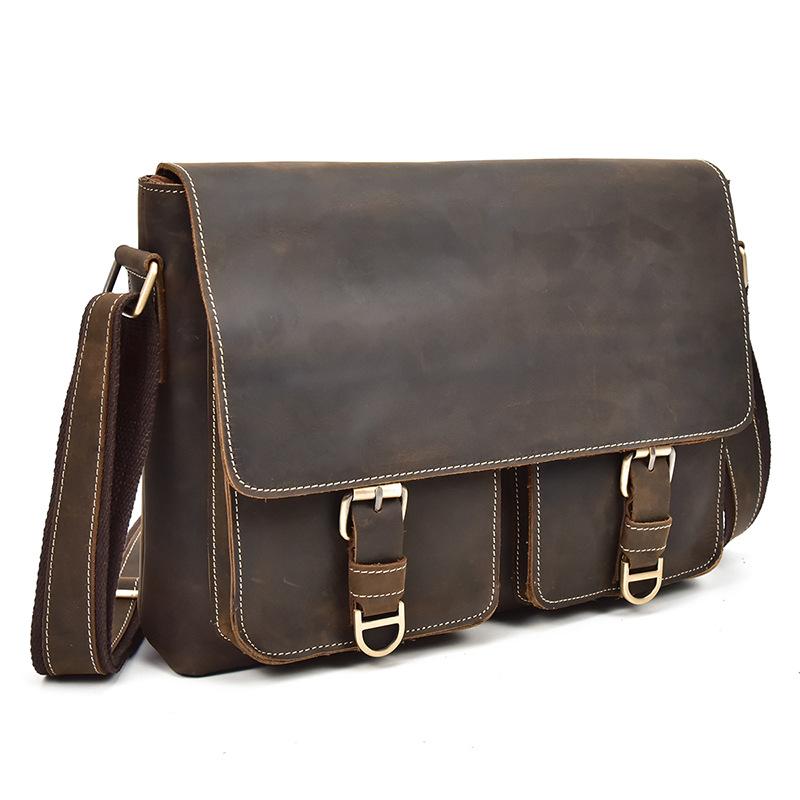 Men's Handbag Shoulder Bag Large Capacity Top Layer Cowhide Crossbody Bag 13 Inch Genuine Leather Flap Shoulder Bag Briefcase