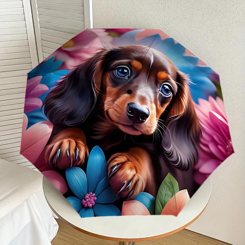 1pc Dachshund Flower Garden Automatic Open/Close Umbrella, 8-Rib Sturdy Frame, Umbrella for Travel, Everyday, Formal Events Yy251126061