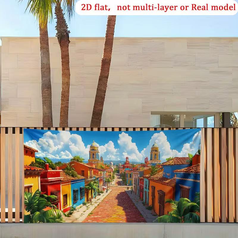 2D Dreamy Caribbean Town Tapestry, Palm Trees & Cobblestone Street 47.2x31.5inch/120*80cm