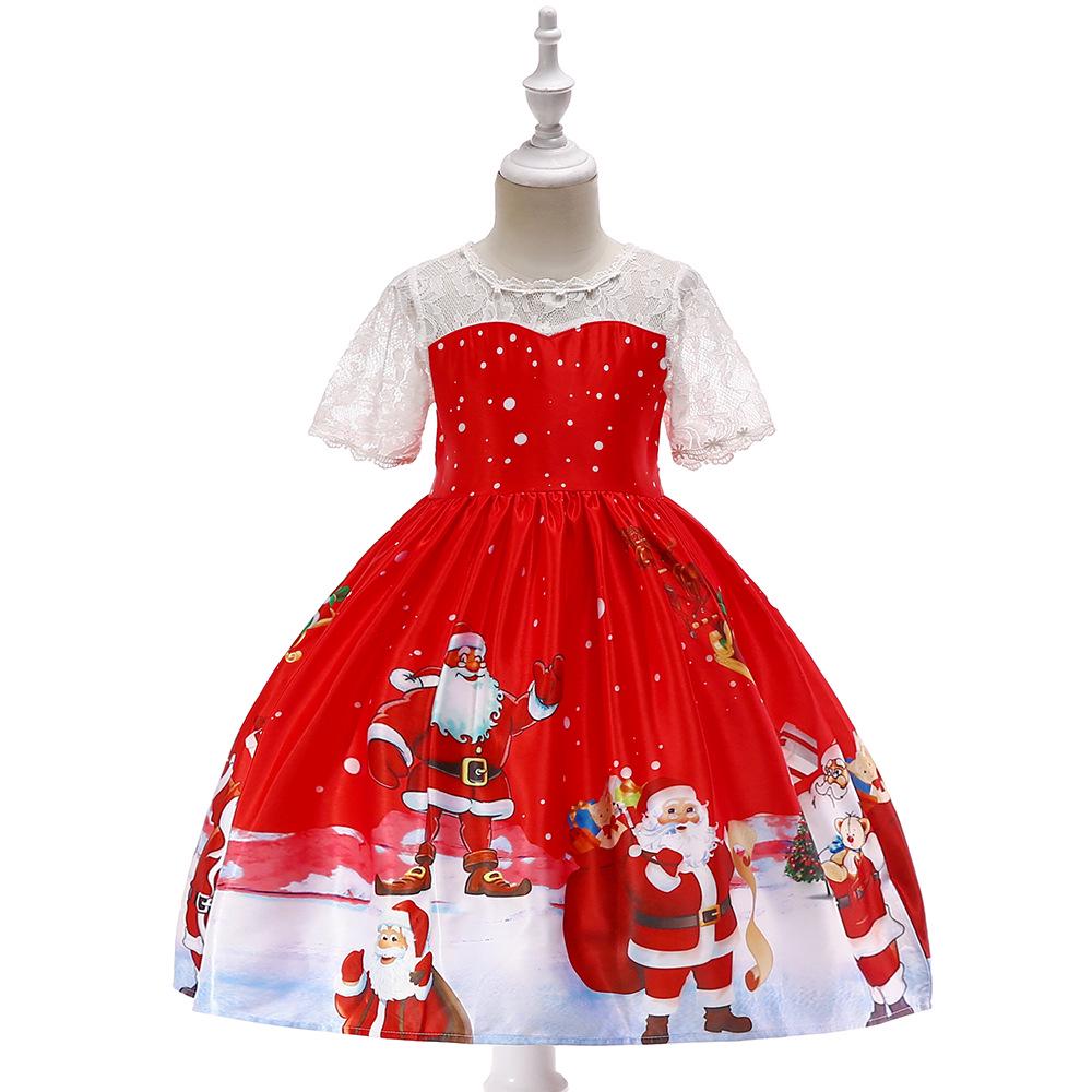 Christmas Children'S Dress Cartoon Printed Satin Cloth Performance Christmas Dance Performance Dress