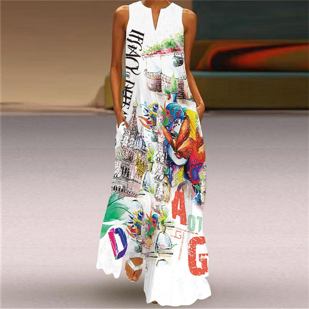 Sommer-Maxikleid für Damen, lässiger lockerer Maxirock für Damen, ärmellos, Blumendruck, Strand-Maxikleid mit Taschen, Faltenkleid, Baumwollkleid, Strandkleid