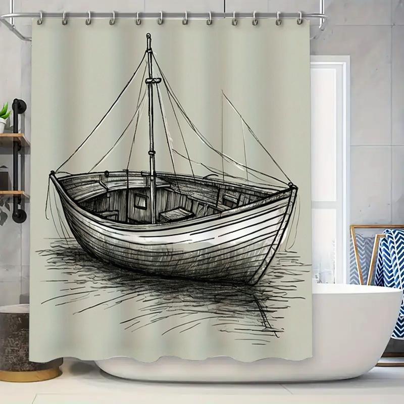 

Black And White Sketch Style Boat Shower Curtain Decor A Chic Addition For Your Bathroom With This Stylish Boat-Themed Shower Cu W60H190(CM)-1 Pcs