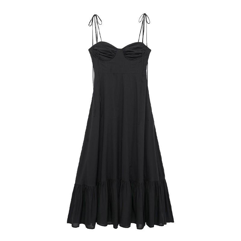 

European American Women s Clothing Summer Laminated Decorative Poplin Suspender Long Dress L чёрный