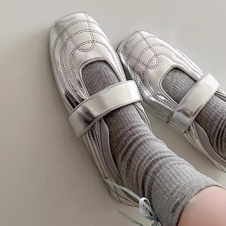 Cowhide Version~ Silver Light Mouth Mary Jane Shoes Women's 2025 New Versatile Casual Commuter Shoes Simple Retro Single Shoes