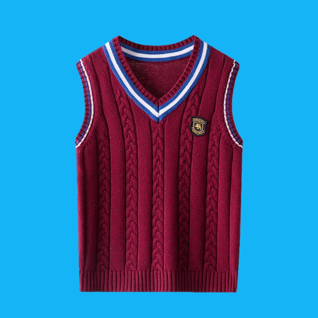 Colete de Malha de Algodão Puro Infantil - Estilo Uniforme Escolar Preppy, Sem Mangas, para Primavera e Outono