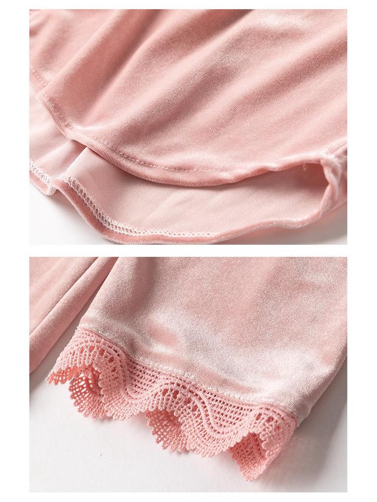 Damen Pyjama aus goldenem Samt mit Spitze - Dick, süß, hochwertig, zweiteilig, langärmlig für Herbst & Winter, geeignet für Outdoor-Bekleidung