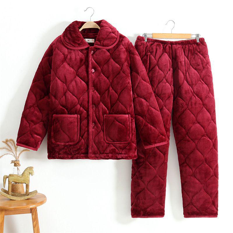 Three-Layer Fleece-Lined Quilted Winter Pajama Set for Elderly Women - Warm Coral Fleece Home Wear & Outerwear