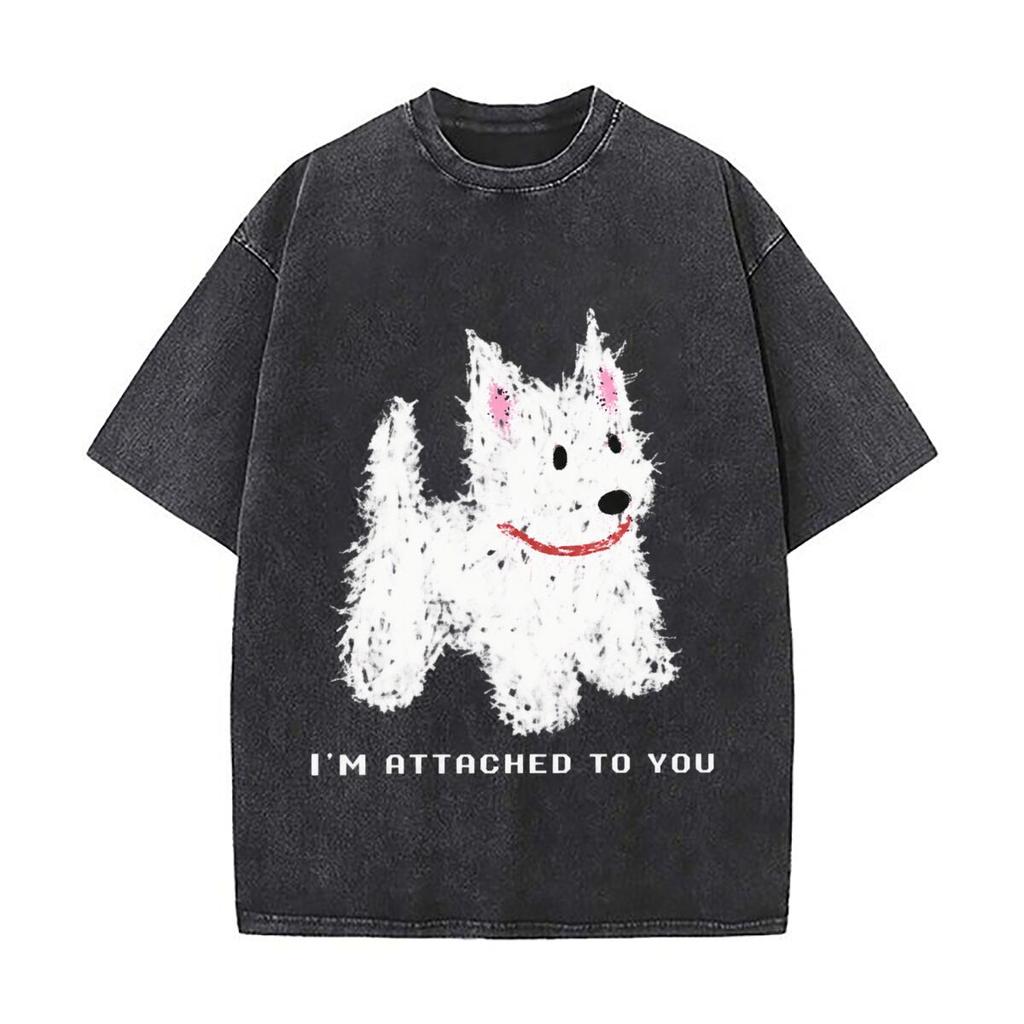 White Fluffy Dog IM Attached To You Washed Vintage Short Sleeve Loose Streetwear Tee