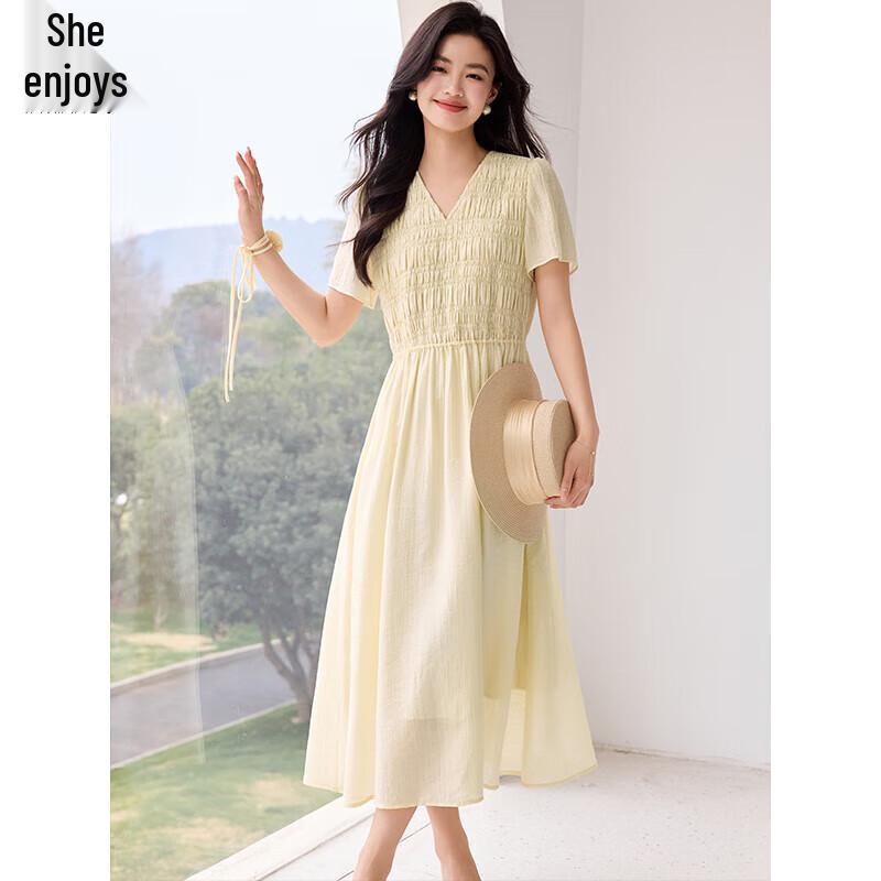 Elegant Lyocell V-Neck Smocked Midi Dress L