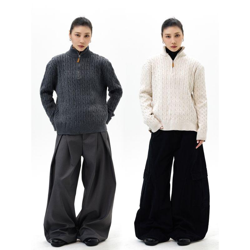 Kisko Simple American-Style Cable Knit Half-Zip Lazy Knit Sweater for Men and Women, High-End Casual Pullover Sweater Trendy